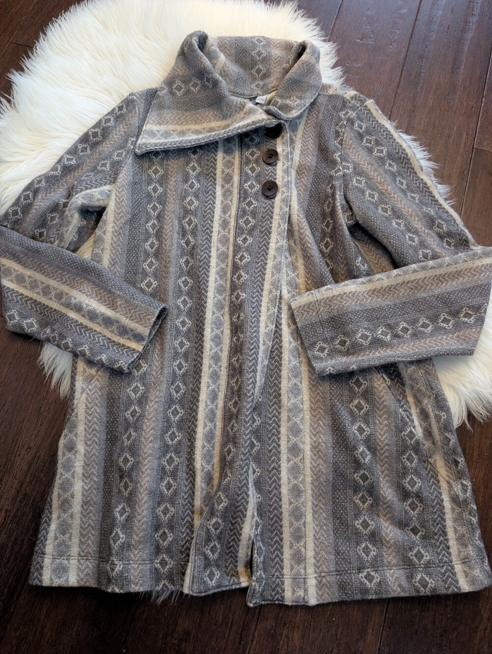 Ibex Reese Maya Geometric Print 86% Merino Wool Button Cardigan Sweater S Small